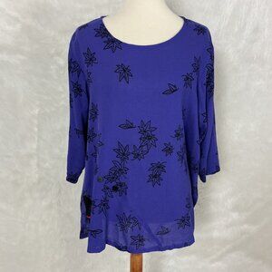 Yasuko Purple & Black Leaf Print Black Button Detail Tunic Top XL